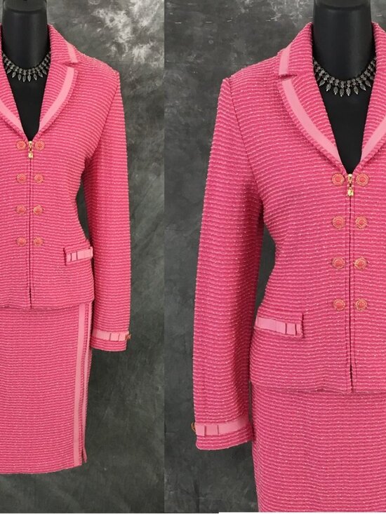 BEAUTIFUL St John couture knit pink multi jacket skirt suit size 2 - Picture 2 of 12